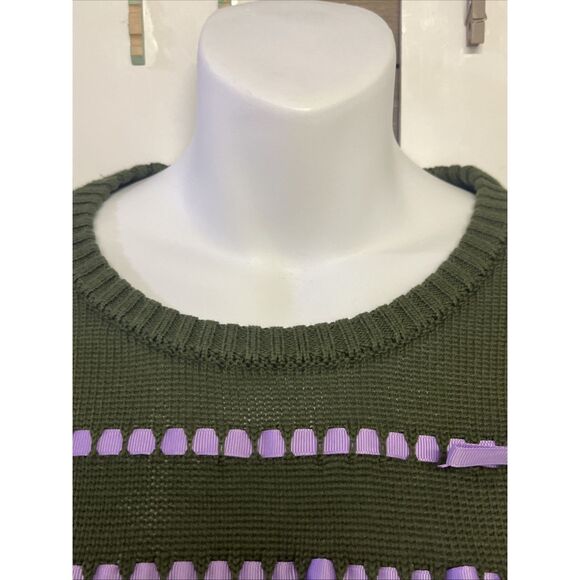 ModCloth Olive Green Knit Puff Short Sleeve Sweater Light Purple Ribbon- Medium - Picture 7 of 13